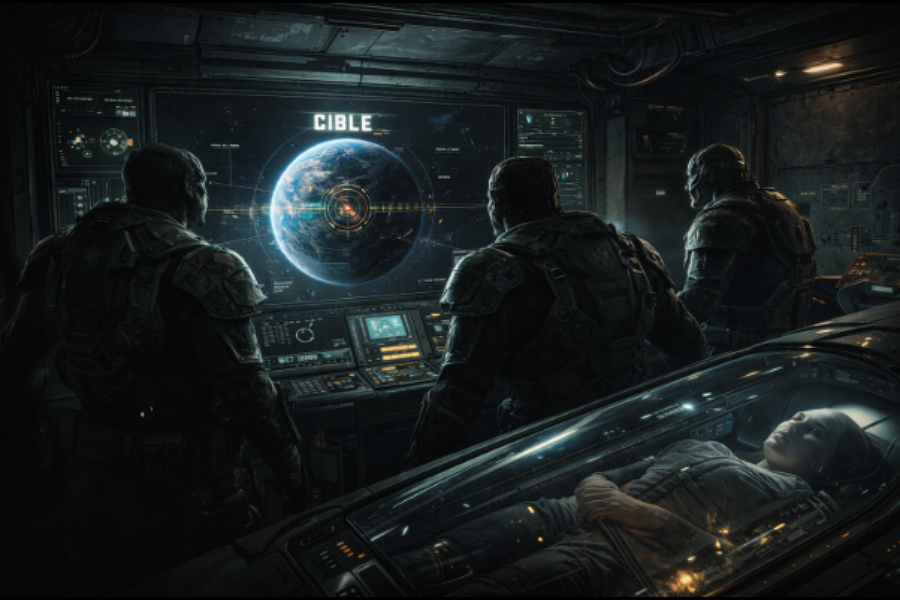 L'intérieur d'un vaisseau « scientifique » de la civilisation Aldébaran, avec un spécimen Aldébaran transformé en humain, en vue d'une mission d'infiltration