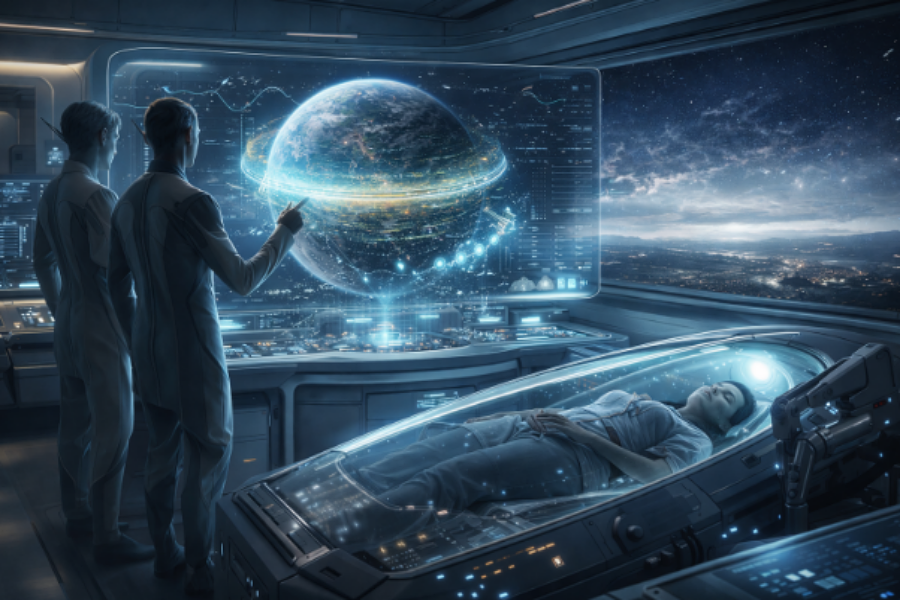 L'intérieur du vaisseau d'exploration de la civilisation d'Elysium, avec un spécimen humain en cours d'étude