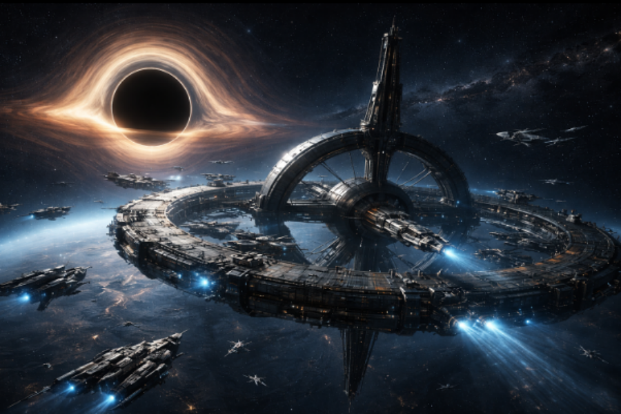 Vue de la station spatiale Black-Hole, en orbite autour du super trou noir massif de notre galaxie