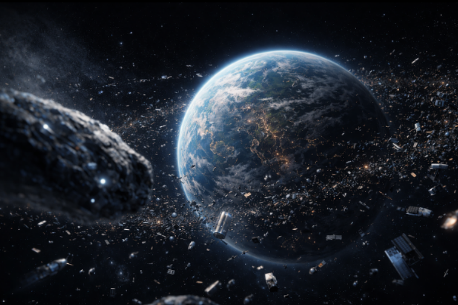 L'orbite terrestre de la planète terre, avec une vue détaillée de tous les débris des vols spatiaux de cette civilisation