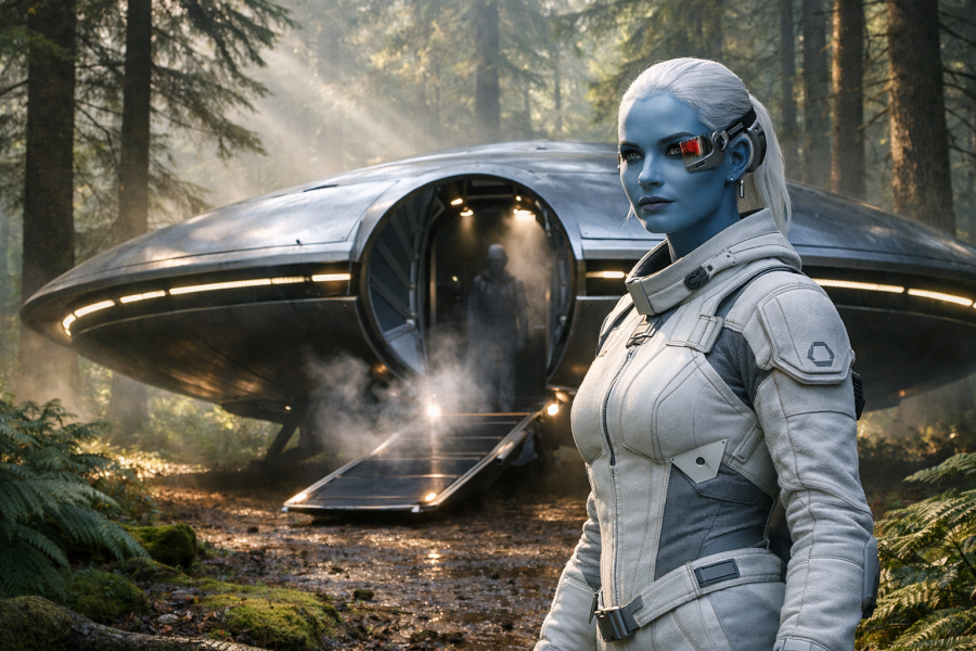 Femme extraterrestre à la peau bleue, en combinaison blanche futuriste, devant un vaisseau en forme de soucoupe posé dans une forêt brumeuse.