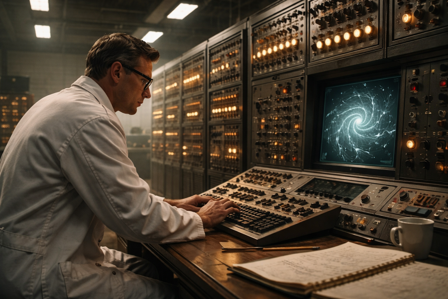 Scientifique en blouse blanche tapant sur un clavier de console rétro, devant de grands panneaux électroniques lumineux et un écran affichant une spirale lumineuse.