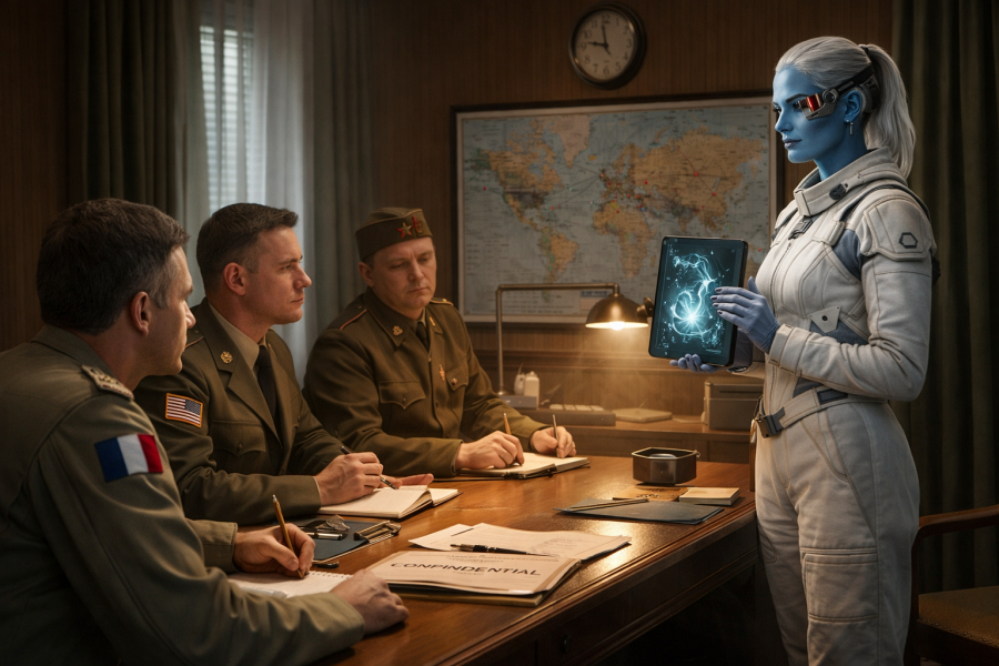Réunion militaire dans un bureau : trois officiers prennent des notes tandis qu’une femme extraterrestre à la peau bleue, en combinaison blanche, présente une tablette lumineuse.