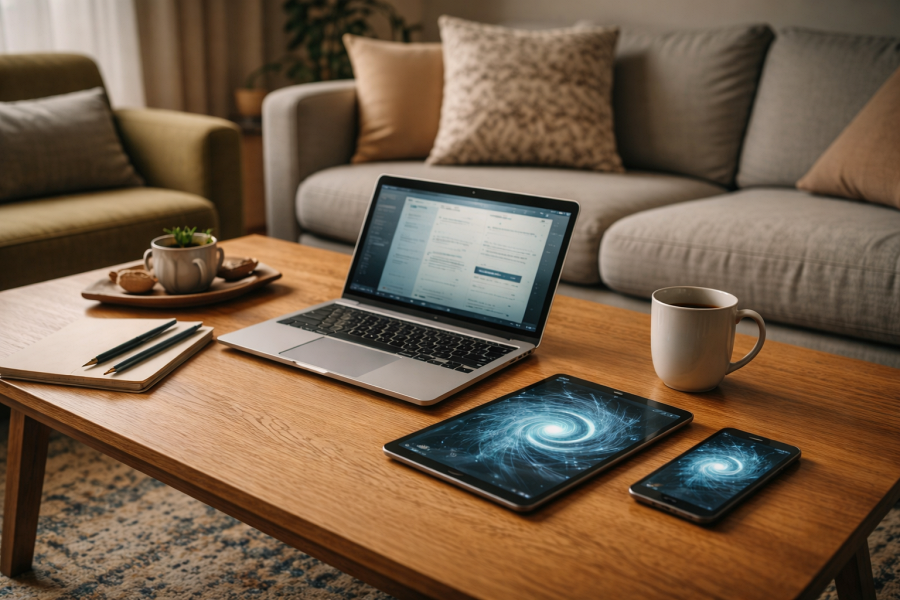 Salon cosy : sur une table basse en bois, un ordinateur portable ouvert, une tablette et un smartphone affichent une spirale lumineuse, avec carnets et tasses.